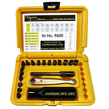 Chapman MFG 9600 Starter Slotted Screwdriver Set 20 Pieces Includes 14 Slotted Head Insert Bits 2 Phillips Mini Ratchet Screwdriver Handle Extension Open Slots USA Made Yellow Case