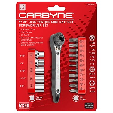Carbyne 17Piece Right Angle Offset Mini Ratchet Wrench Screwdriver Set 14 in Drive PhillipsSlottedTorxHex Allen Bits and Sockets