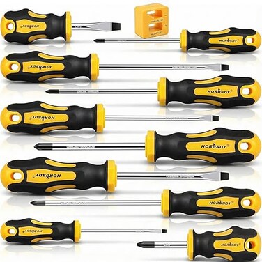 HORUSDY 11Pieces Magnetic Screw driver Magnetic 5 Phillips and 5 Flat Head Tips for Fastening and Loosening Seized