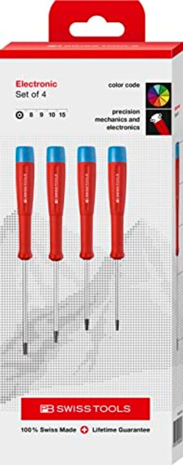 PB Swiss Tools Torx Electronic Screwdriver Set PB 8627 100 Swiss Made 4piece Precision Screwdriver Set for Torx Screws Size T8 T9 T10 T15 with Bore in the Tip