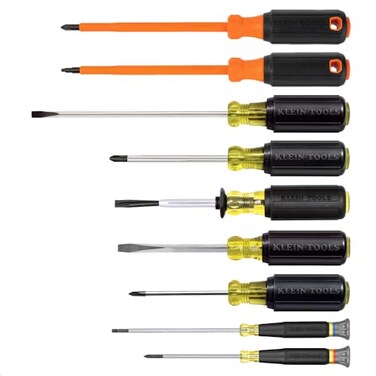 Klein Tools 85850 9Piece Electrician Tool Set with 3 Phillips 3 Slotted 1 ScrewHolding Driver 2 Insulated Drivers Phillips and Square CushionGrip Handle
