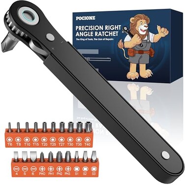 POCIONE Right Angle Screwdriver Set Mini Ratchet Screwdriver with Low Profile Offset Handle Tamper Proof Torx Hex Bits Square Drive Bit EDC Tool Set for Tight Spaces Christmas Gifts for Men Dad Husban