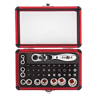 SUNEX TOOLS 9732 44Pc 14 Dr Mini Dual Flex Head RATCHET W Socket Bit Set
