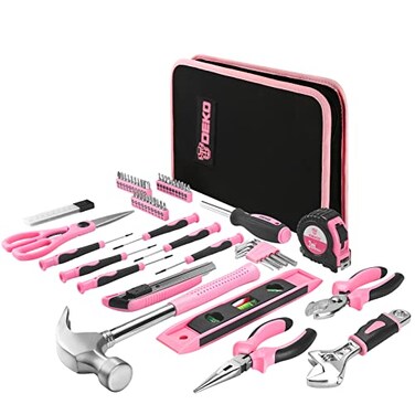 DEKO Pink Tool Set 110 Piece Household Tool KitLadies Portable Tool Set with Easy Carrying Pouch Perfect for DIY Projects Home Maintenance