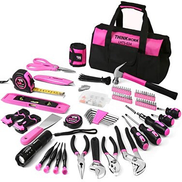 THINKWORK Pink Tool Set 207 Piece Ladys Portable Home Repairing Tool Kit with 13 Wide Mouth Open Storage Tool Bag Perfect for DIY Home Maintenance Christmas Gift for Women LHTS034