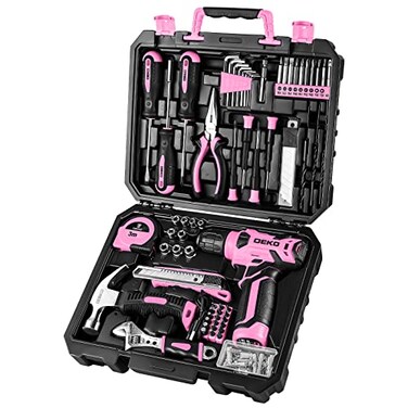 DEKOPRO Drill Set Home Tool Set with 8V Pink Cordless Drill Hand Tool Kit for Women 126 pcs