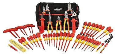 Wiha 32874 Insulated Tool Set with Pliers Cutters Nut Drivers Screwdrivers T Handles Knife Ruler and Voltage detector 50 Piece Set in Canvas Tool Bag