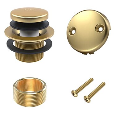 Citymoor All Metal TipToe Bathtub Drain Kit with TwoHole Overflow Faceplate and Universal FineCoarse Thread Assembly Bath Tub Drain Kit fits All Bathtub Brushed Gold