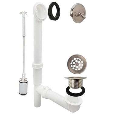 Westbrass 59224407 14 White Poly Tubular Bath Waste Overflow Assembly with Trip Lever and Strainer Grid Drain Cover Satin Nickel