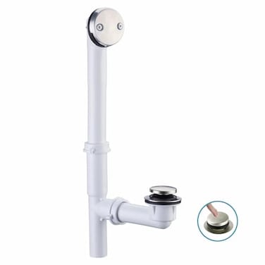 WELSAN Tubular Bath Tub Drain Kit 112 with Brushed TipToe Bathtub Drain Stopper Welsan TouchToe Bath Plug Waste and Overflow Face Plate PVC Plastic Pipe Brushed Nickel