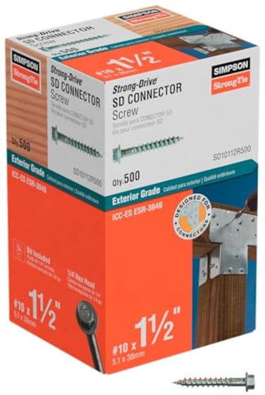 Simpson Strong-Tie Simpson StrongTie SD10112R500 10 x 112 Inch Strong Drive SD Connector Screws 14 Inch Hex Head Galvanized Coating Hex Bit Included for Construction Home Improvement Box of 500