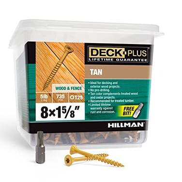 Deck Plus 158 Inch Epoxy Coated Exterior Wood and Fence Screws 8 x 158 TorxStar Drive Included Coarse Thread Outdoor Rust Resistant Decking Screw Tan 5 lb Box 735 Pieces 48412