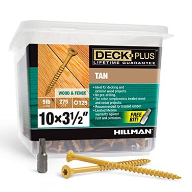 Deck Plus 312 Inch Epoxy Coated Exterior Wood and Fence Screws 10 x 312 TorxStar Drive Included Coarse Thread Outdoor Rust Resistant Decking Screw Tan 5lb Box 275 Pieces 48422