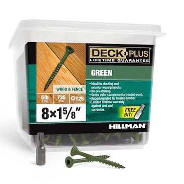 Deck Plus 158 Inch Epoxy Coated Exterior Wood and Fence Screws 8 x 158 TorxStar Drive Included Coarse Thread Outdoor Rust Resistant Decking Screw Green 5lb Box 735 Pieces 48398