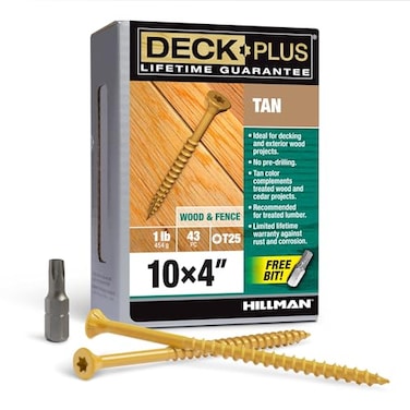 Deck Plus 4 Inch Epoxy Coated Exterior Wood and Fence Screws 10 x 4 TorxStar Drive Included Coarse Thread Outdoor Rust Resistant Decking Screw Tan 1lb Box 43 Pieces 48423