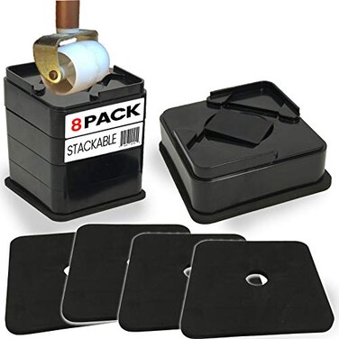 iPrimio Stackable Bed Risers Fits Caster Wheels Square Heavy Duty 8 Pack Bed Raising Blocks Furniture Risers Safe Sturdy Bed Lifts for College Dorm Rooms Couches Tables Desk Riser