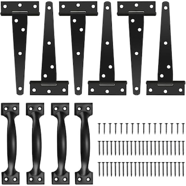 Tandefio 6 Pack 6 Inch T Strap Gate Hinges Heavy Duty Gate Hardware Kit for Wooden Fence Rustproof Door Hinges 4 Pcs Door Pull Handle with Screws for Barn Shed Outdoor Garage Cabinet Drawer Black