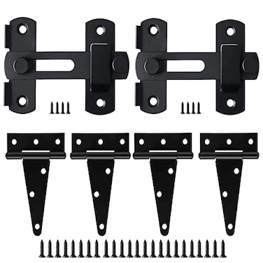 BDIBD Barn Gate Latch Door Tee Hinge Hardware Kit 2 Pack Barn Flip Latch Lock and 4 Pack 4inch TStrap Gate HingesBlack Finish Gate for Wood Vinyl Fence Gate Shed DoorFarmGardenGateCloset Door