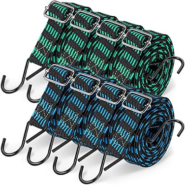 Saintrygo 8 Pcs 80 Inch Adjustable Flat Bungee Cords with Hook Heavy Duty Elasticity Long Bungee Straps 1 Inch Width Latex Straps Anti Rust Metal Buckle Luggage Rope Green Black Blue Black