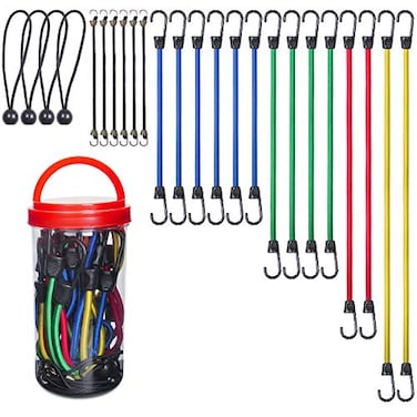 EFFICERE 24Piece Premium Bungee Cord Assortment in Storage Jar Includes 10 18 24 32 40 Bungee Cords and 8 CanopyTarp Ball Ties
