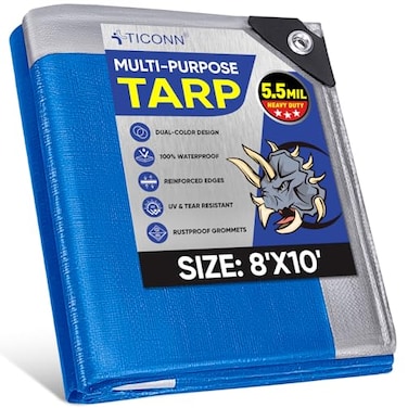TICONN Heavy Duty Tarp Cover Extra Thick Tarps Waterproof Tear and Rip Proof UV Resistant Tarpaulin with Reinforced Grommets and Edges 55 Mil 8x10