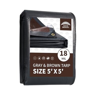 RAINDEWAY 5x5 Feet Super Heavy Duty Tarp 18 Mil UV Resistant Weatherproof Multipurpose Waterproof Poly Tarp with Grommets and Reinforced Edges BrownGray Tarps