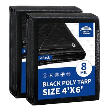 RAINDEWAY Small Black Tarps 4x6 Feet 2 Pack UV Resistant 8 Mil Multipurpose Medium Duty Waterproof Poly Tarp Cover with Metal Grommets and Reinforced Edges By