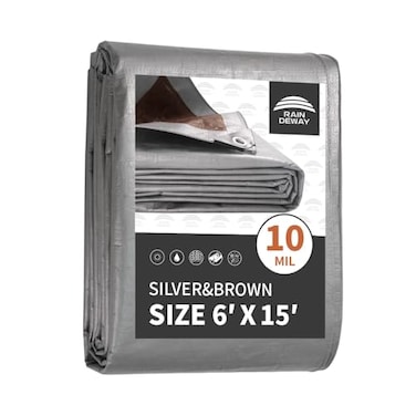 RAINDEWAY 6x15 Feet Tarps Heavy Duty Waterproof10Mil Thick Multipurpose Poly Tarp Cover with Metal Grommets and Reinforced EdgesSilverBrown Tarp