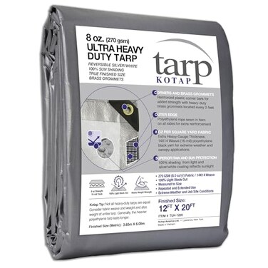 Kotap 12 x 20 Ft Ultra HeavyDuty ProtectionCoverage Tarp Superior Weave for Greater Longevity 16mil Reversible MultiUse Waterproof SilverWhite 1Pack TUH1220