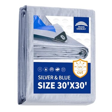 RAINDEWAY Large Tarps 30x30 Feet 55 Mil Multipurpose Waterproof Poly Tarp Cover with Metal Grommets and Reinforced Edges SilverBlue Tarp