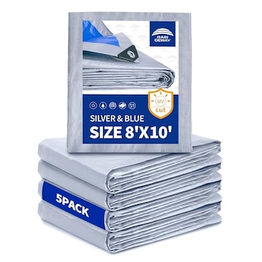 RAINDEWAY Tarps 8x10 Feet 5 Pack 55 Mil Multipurpose Waterproof Poly Tarp Cover with Metal Grommets and Reinforced Edges SilverBlue Tarp by