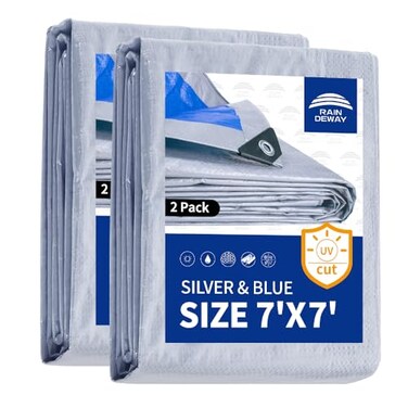 RAINDEWAY Tarps 7x7 Feet 2 Pack 55 Mil Multipurpose Waterproof Poly Tarp Cover with Metal Grommets and Reinforced Edges SilverBlue Tarp