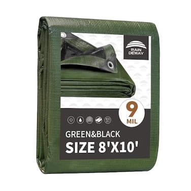 RAINDEWAY Tarps 8x10 FeetTarp Waterproof9Mil ThickFinished SizeMultipurpose Poly Tarp Cover with Metal Grommets and Reinforced EdgesGreenBlack Tarpaulin