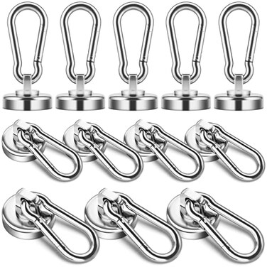 Grtard 12 Pack Magnetic Hooks with Swivel Carabiner 70Lbs Strong Magnetic Hooks for Hanging Neodymium Magnet Hooks Heavy Duty Magnet with Hook for Cruise Cabins Garage Workplace Kitchen