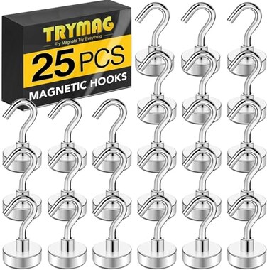 TRYMAG Magnetic Hooks Heavy Duty 30Lbs Super Strong Magnet Hooks for Hanging Neodymium Earth Magnets with Hook for Refrigerators and Cruise Cabin Grill Workplace25pcs