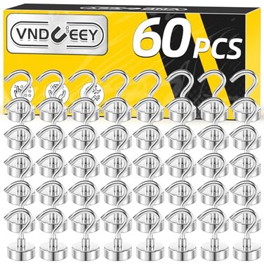 VNDUEEY 60 Pack Strong Magnetic Hooks 25Lbs Magnet Hooks Heavy Duty Metal Magnetic Hooks for Hanging Magnetic Hook for Cruise Kitchen Garage Classroom and Office