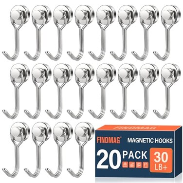 FINDMAG Magnetic Hooks 30lbs Magnetic Hooks Cruise Ship Essentials 2026 Strong Magnet Hooks Heavy Duty Swivel Swing Hooks for Fridge Kitchen Classroom Garage Grill 20 Pack Silver