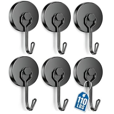 Grtard 110LBS Strong Magnetic Hooks 6 Pack Swivel Swing Magnetic Hooks Heavy Duty Black Neodymium Magnet Hooks for Cruise Cabin Magnets with Hooks for Refrigerator Grill Classroom Garage