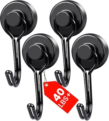 MIKEDE Magnetic Hooks 4 Pack 40Lbs Heavy Duty Neodymium Magnet Hooks Black Magnetic Swivel Hooks for Hanging Rust Proof Strong Magnets with Hook Magnetic Metal Hanger for Storage