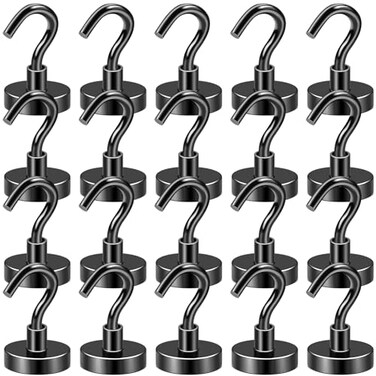 DIYMAG Black Magnetic Hooks 50 LB Heavy Duty Magnet with Hook 20 Packs Strong Rare Earth Neodymium Magnets for Hanging Magnetics Hanger for Curtain Home Kitchen Workplace