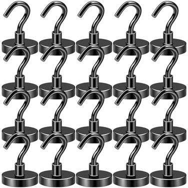 DIYMAG Black Magnetic Hooks 85 LB Heavy Duty Strong Magnet with Hook Rare Earth Neodymium Magnets for Hanging Magnetics Hanger for Curtain Home Kitchen Workplace 20 Packs