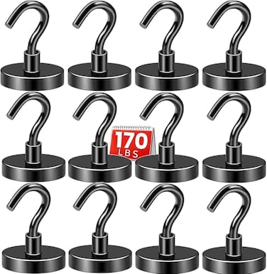 DIYMAG Black Magnetic Hooks 170 LB Heavy Duty Strong Magnets with Hooks Rare Earth Neodymium Fridge Magnet for Grill Hanging Cruise Cabins Ship Essentials 12 Packs