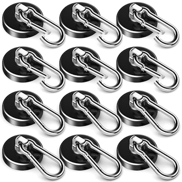 FINDMAG Strong Magnetic Hooks 100LBS Neodymium Magnet with Swivel Carabiner Hook Cruise Ship Essentials Heavy Duty Magnetic Hooks for Hanging Garage Kitchen Grill Office 12 Pack