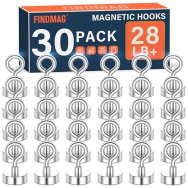 FINDMAG Magnetic Hooks N52 Grade Magnets Heavy Duty with Hook Sheep Eye Magnetic Hooks for Cruise Locker Accessories Office School 28 lbs Pack of 30