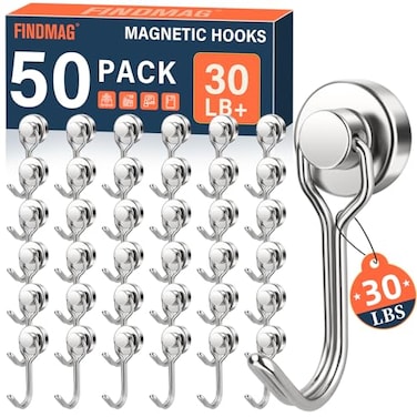 FINDMAG 50 Pack Magnetic Hooks 30 LB Magnet Hooks for Refrigerator Strong Neodymium Magnets with Hooks Magnetic Hooks Heavy Duty for Cruise Kitchen Classroom Beach Essentials Silver