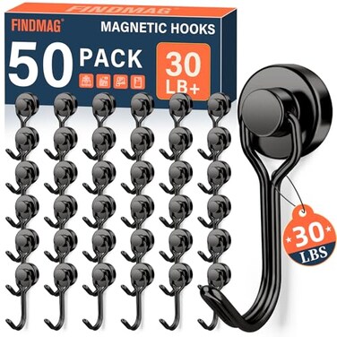 FINDMAG 50 Pack Magnetic Hooks 30lbs Magnetic Hooks Heavy Duty for Cruise Strong Magnet Hooks for Fridge Neodymium Magnets with Hooks for Kitchen Grill Home Garage Toolbox Black