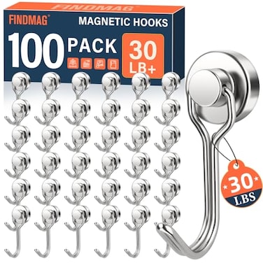 FINDMAG 100 Pack Magnetic Hooks 30lbs Magnetic Hooks for Cruise Cabins Heavy Duty Strong Neodymium Swivel Swing Hooks for Refrigerator Grill Home Supplies Kitchen Organization Silver