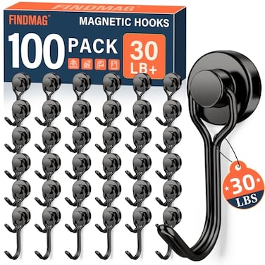 FINDMAG 100 Pack Magnetic Hooks 30 LB Magnetic Hooks for Cruise Cabins Strong Rare Earth Magets with Hooks for Refrigerator Magnetic Hanger for Office Kitchen Bathroom Garden Beach Black