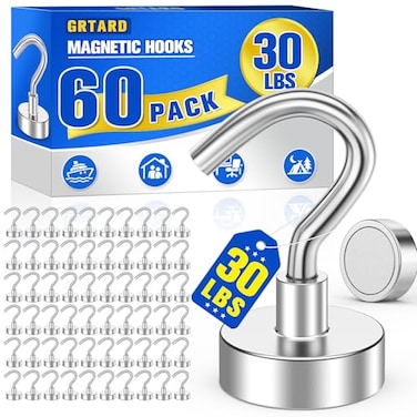 Grtard rtard 60Pack Magnetic Hooks Heavy Duty 30LBS Neodymium Magnet Hooks for Cruise Strong Magnetic Hooks for Hanging Magnets with Hooks for Home Kitchen Workplace Office