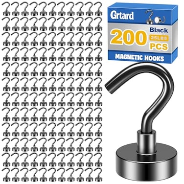 Grtard 200Pack Black Magnetic Hooks Heavy Duty 30LBS Neodymium Magnet Hooks for Cruise Strong Magnetic Hooks for Hanging Magnets with Hooks for Home Kitchen Workplace Office